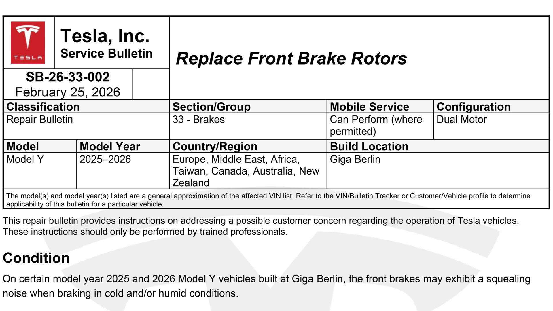 Tesla Repair Bulletin SB 26-33-002